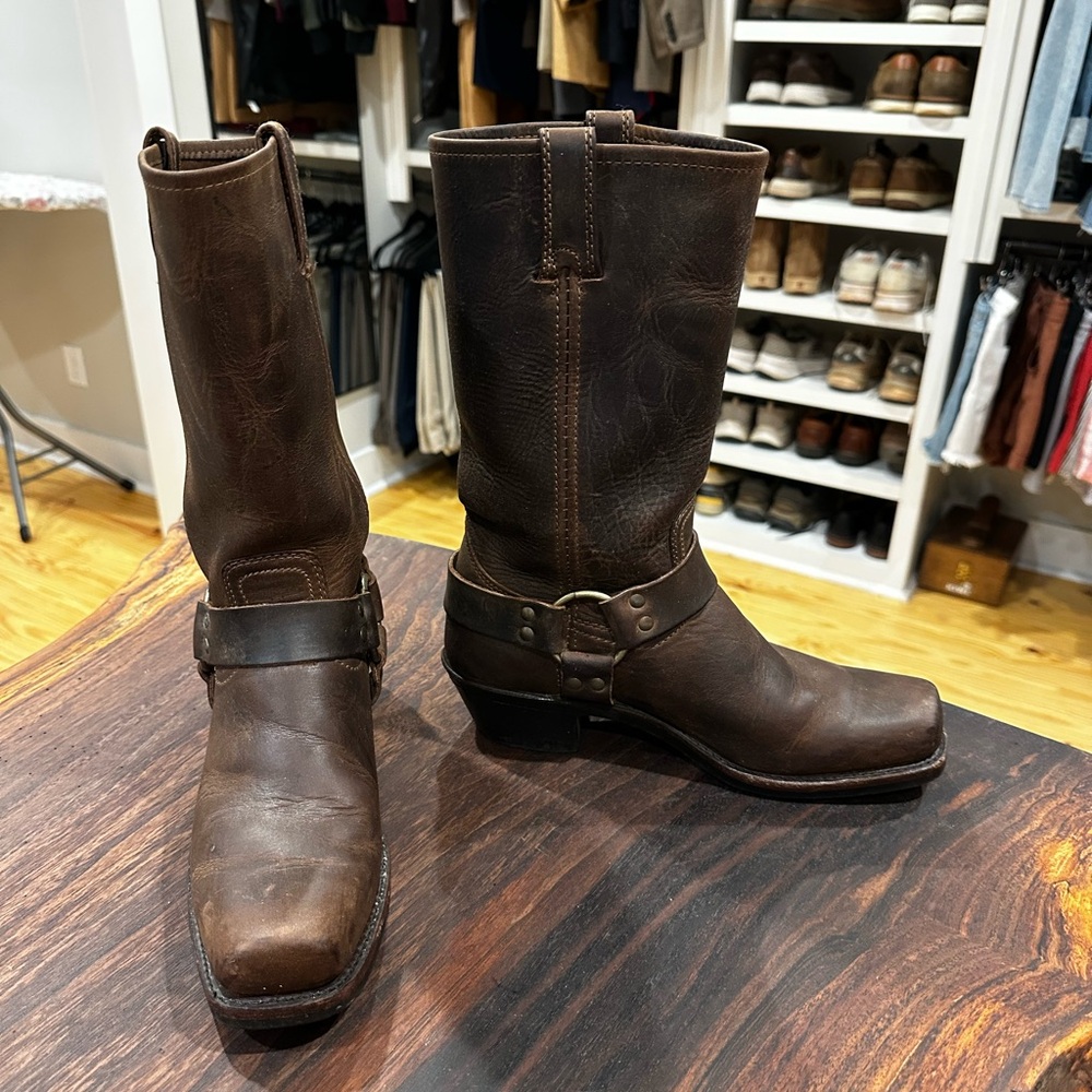 Frye Brown Leather Harness Moto Boots